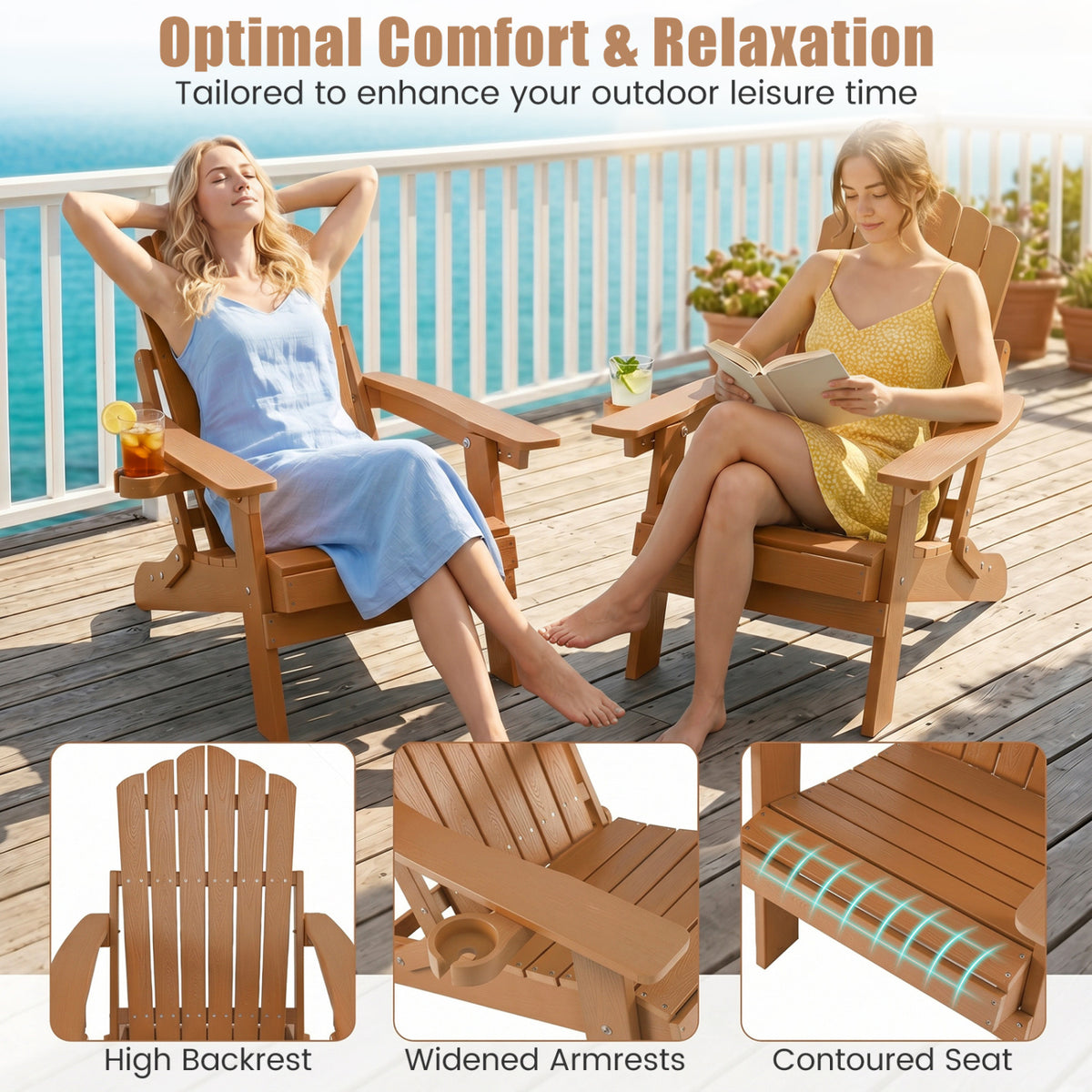 Set of 2 Outdoor Folding Adirondack Chair with Cup Holder and 5-Level Backrest-Coffee view 6