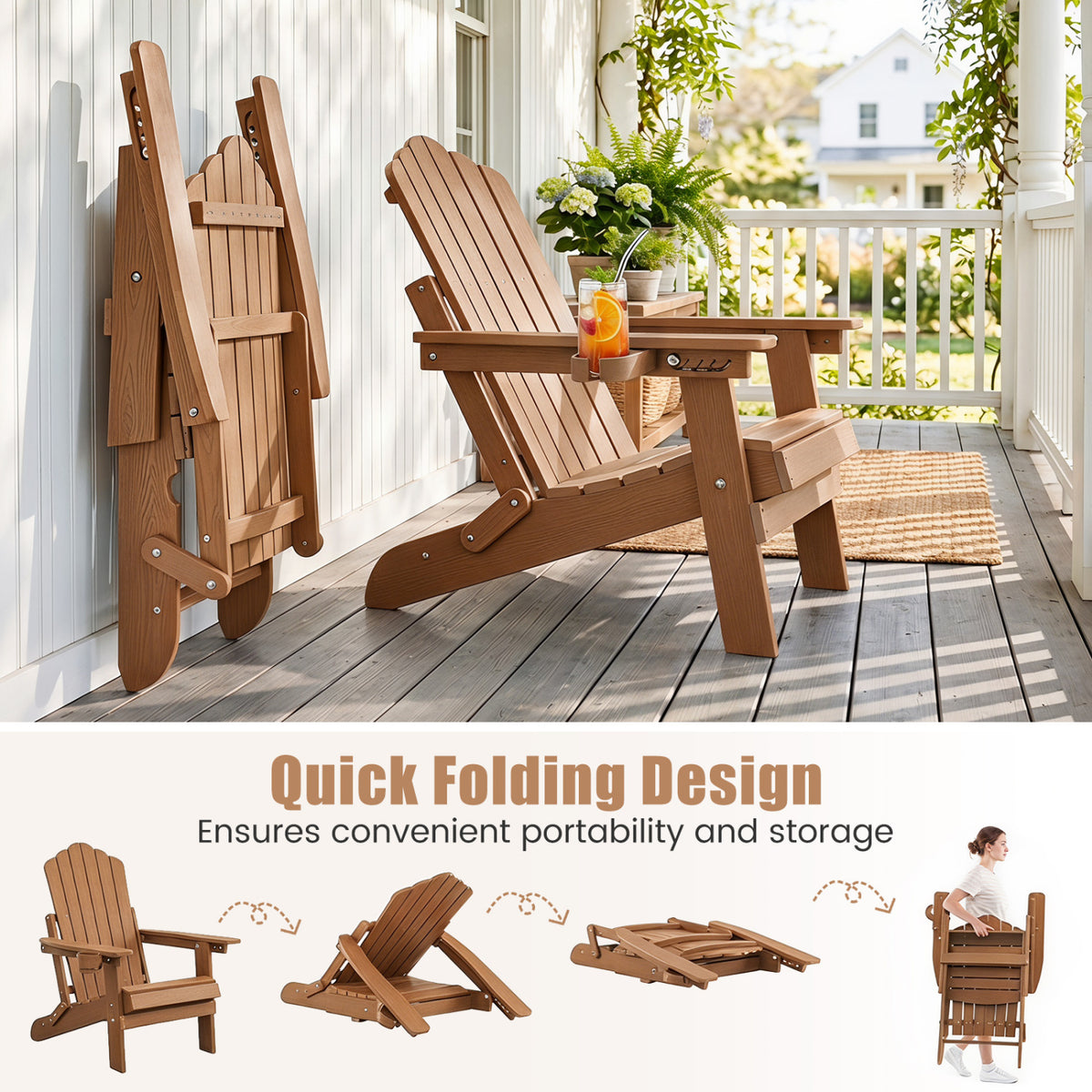 Set of 2 Outdoor Folding Adirondack Chair with Cup Holder and 5-Level Backrest-Coffee view 7