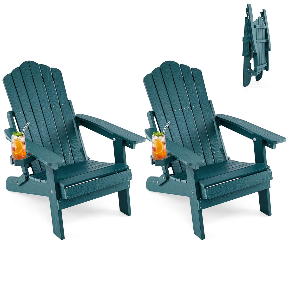 Set of 2 Outdoor Folding Adirondack Chair with Cup Holder and 5-Level Backrest-Green