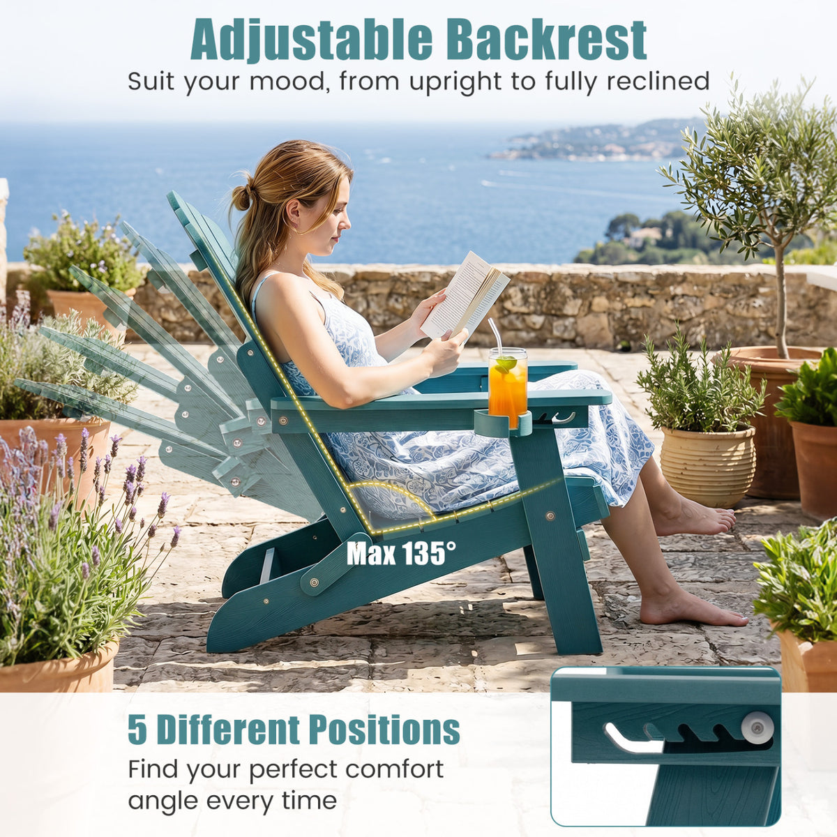 Set of 2 Outdoor Folding Adirondack Chair with Cup Holder and 5-Level Backrest-Green view 4