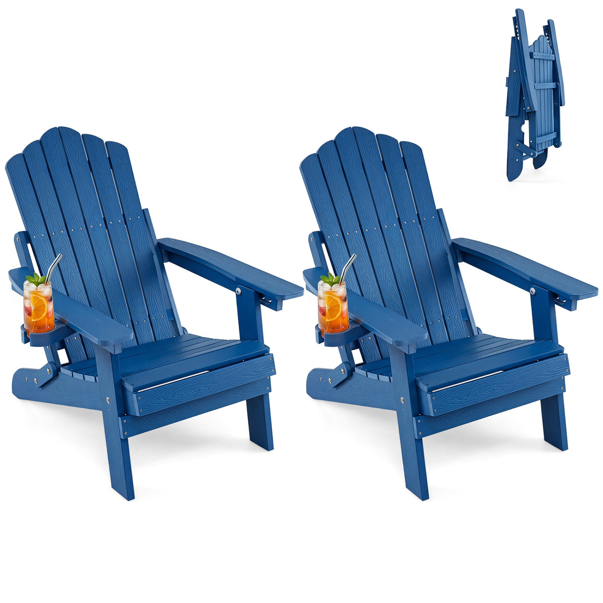 Set of 2 Outdoor Folding Adirondack Chair with Cup Holder and 5-Level Backrest-Navy