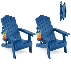 Set of 2 Outdoor Folding Adirondack Chair with Cup Holder and 5-Level Backrest-Navy