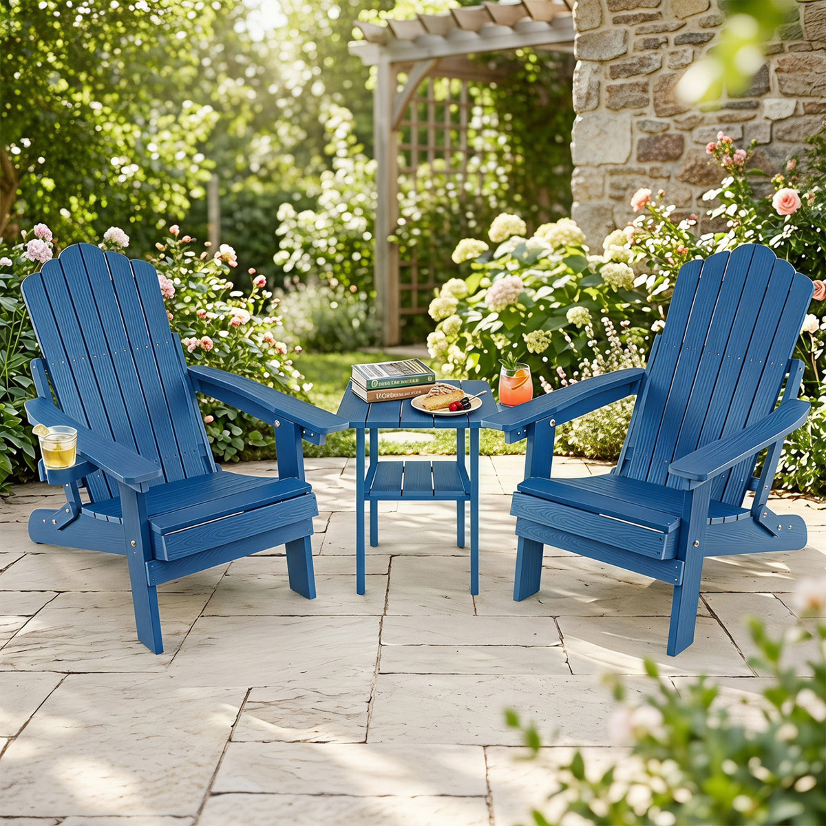 Set of 2 Outdoor Folding Adirondack Chair with Cup Holder and 5-Level Backrest-Navy view 2