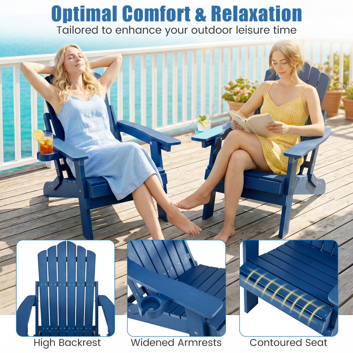 Set of 2 Outdoor Folding Adirondack Chair with Cup Holder and 5-Level Backrest-Navy view 6