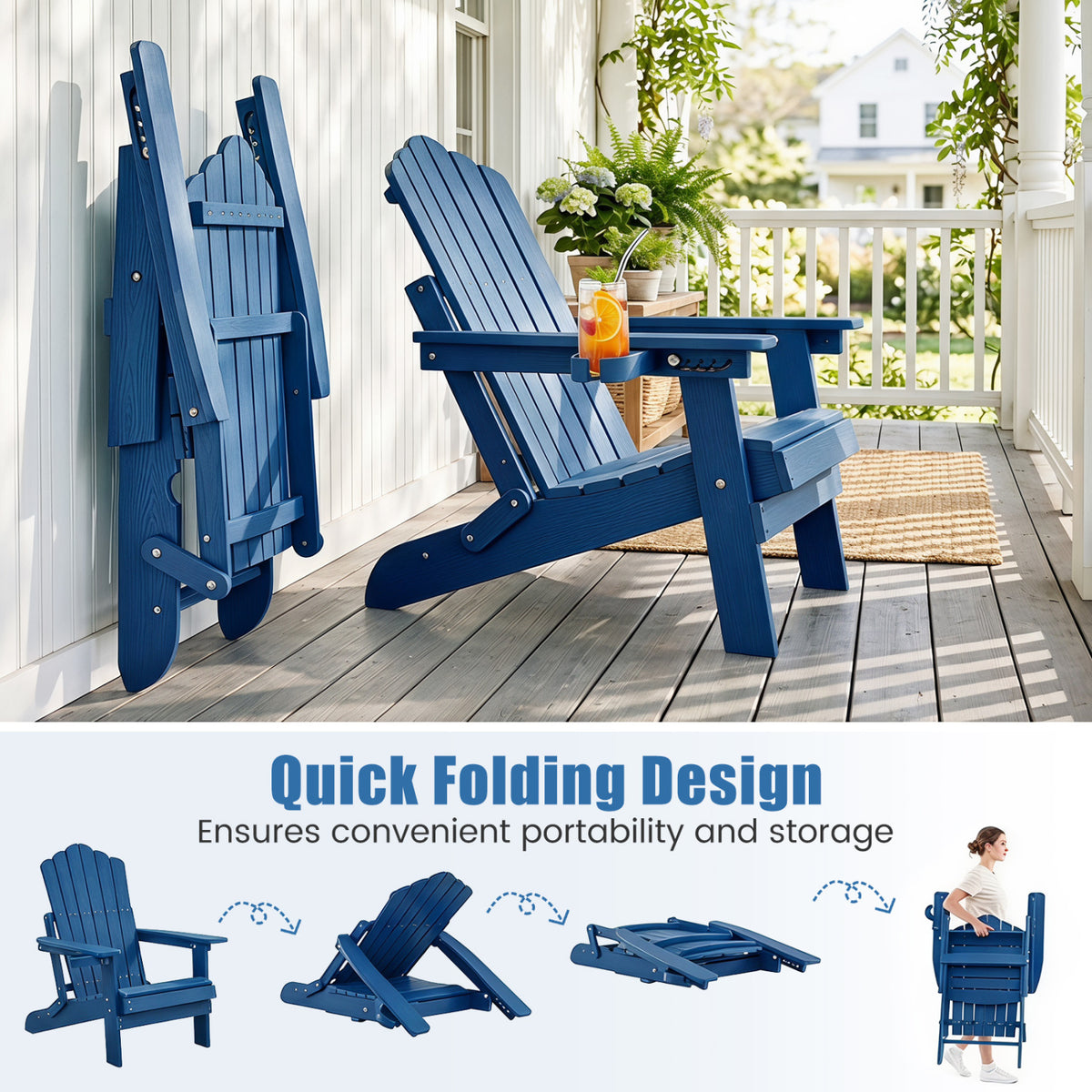 Set of 2 Outdoor Folding Adirondack Chair with Cup Holder and 5-Level Backrest-Navy view 7