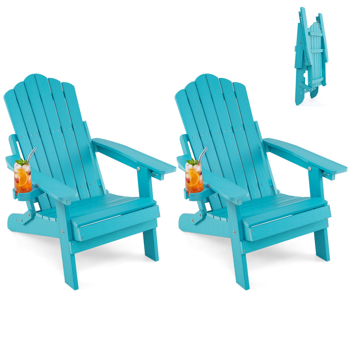 Set of 2 Outdoor Folding Adirondack Chair with Cup Holder and 5-Level Backrest-Turquoise