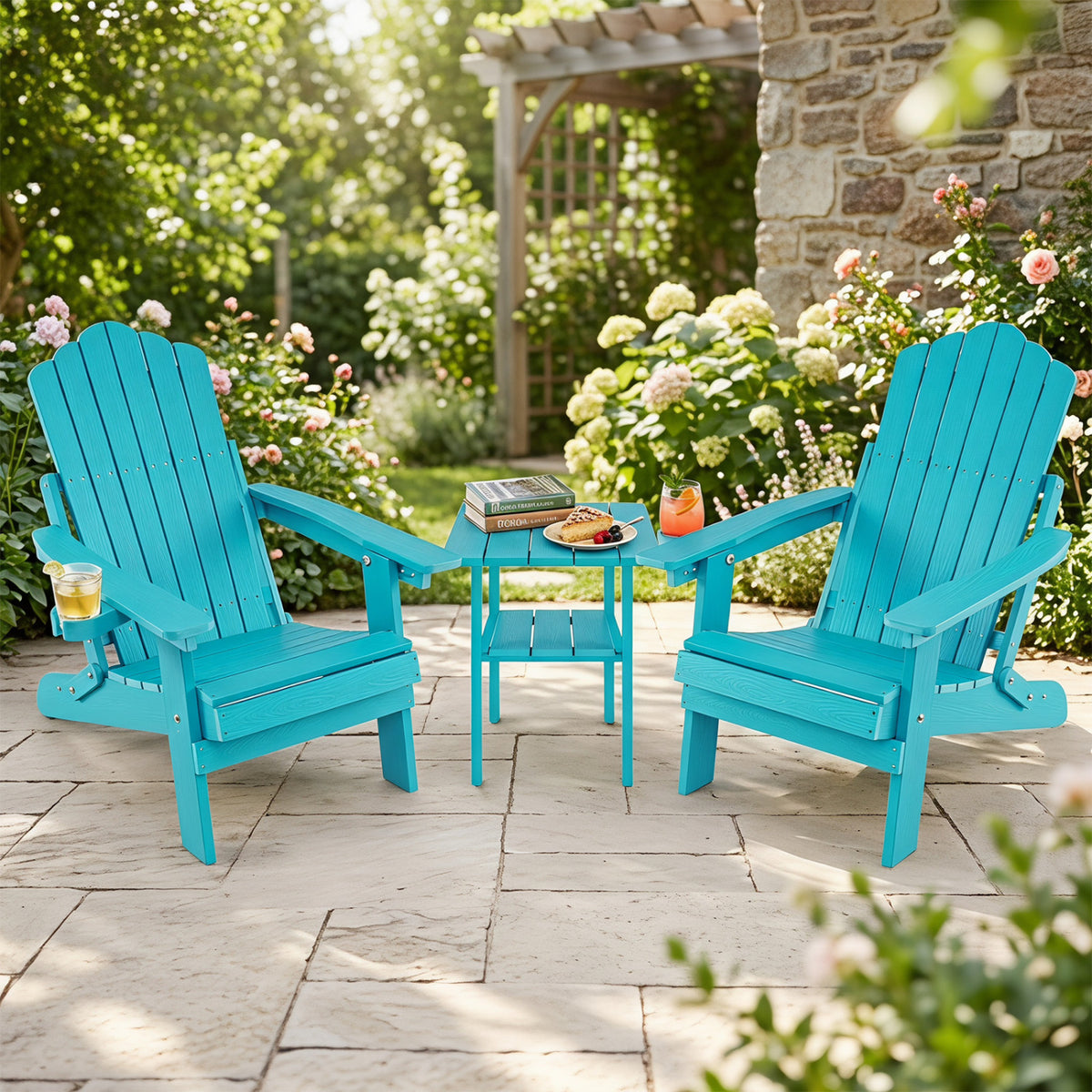 Set of 2 Outdoor Folding Adirondack Chair with Cup Holder and 5-Level Backrest-Turquoise view 2