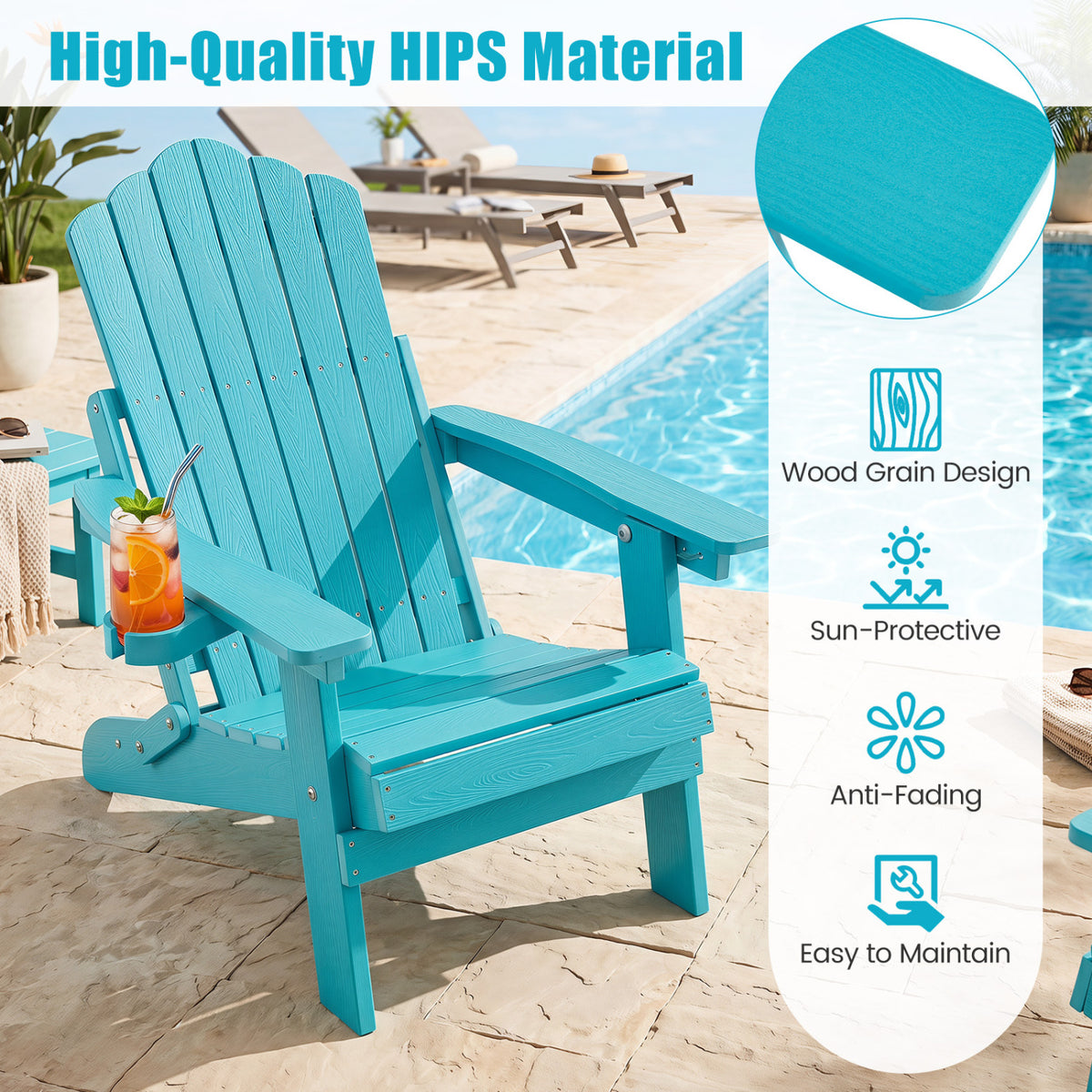 Set of 2 Outdoor Folding Adirondack Chair with Cup Holder and 5-Level Backrest-Turquoise view 8