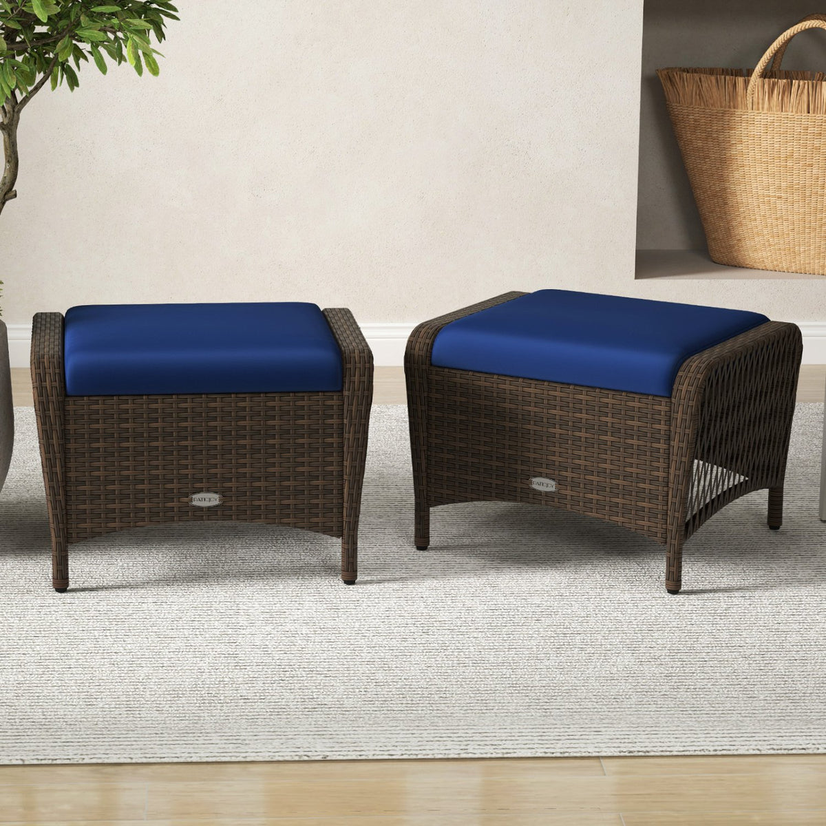 Set of 2 Outdoor Patio PE Wicker Ottomans with Removable Cushions-Navy view 3