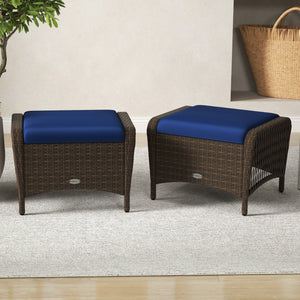 Set of 2 Outdoor Patio PE Wicker Ottomans with Removable Cushions-Navy view 3
