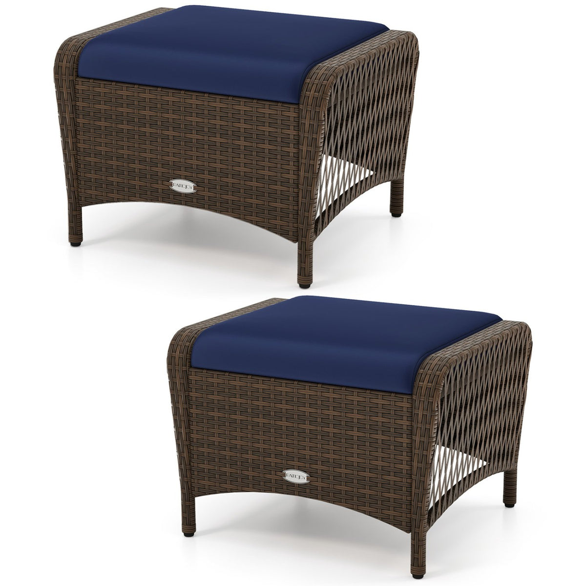 Set of 2 Outdoor Patio PE Wicker Ottomans with Removable Cushions-Navy view 4