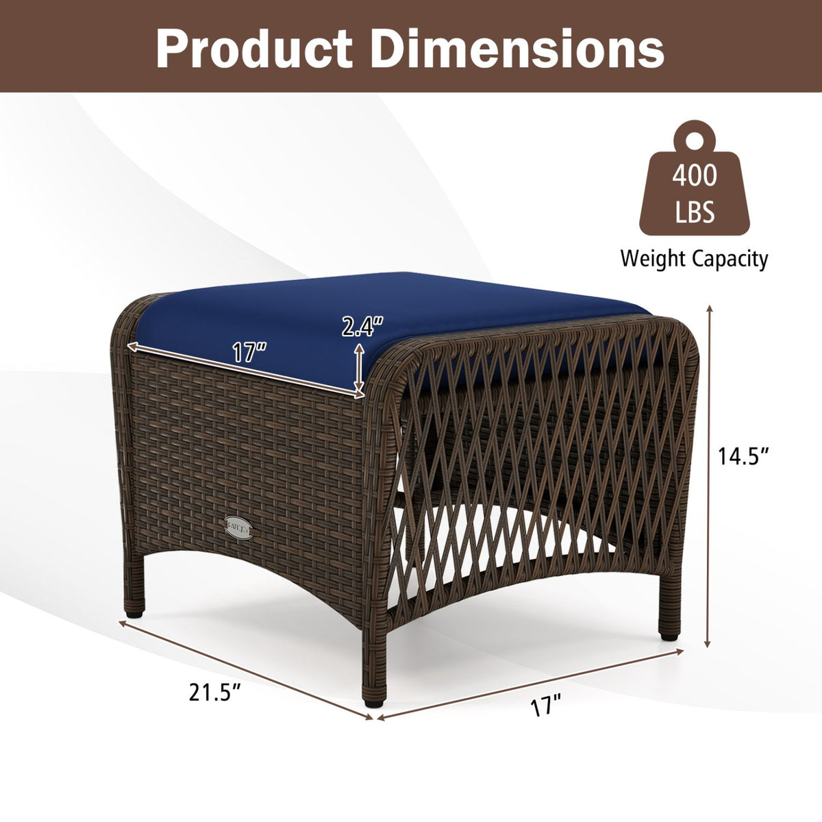 Set of 2 Outdoor Patio PE Wicker Ottomans with Removable Cushions-Navy view 5
