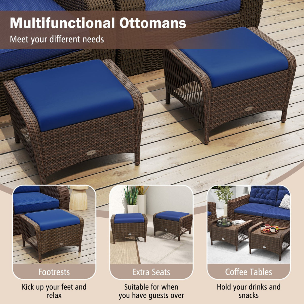 Set of 2 Outdoor Patio PE Wicker Ottomans with Removable Cushions-Navy view 7