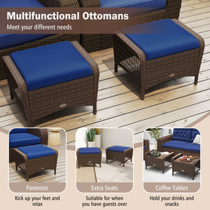 Set of 2 Outdoor Patio PE Wicker Ottomans with Removable Cushions-Navy view 7
