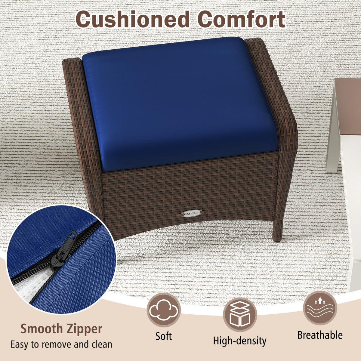 Set of 2 Outdoor Patio PE Wicker Ottomans with Removable Cushions-Navy view 9