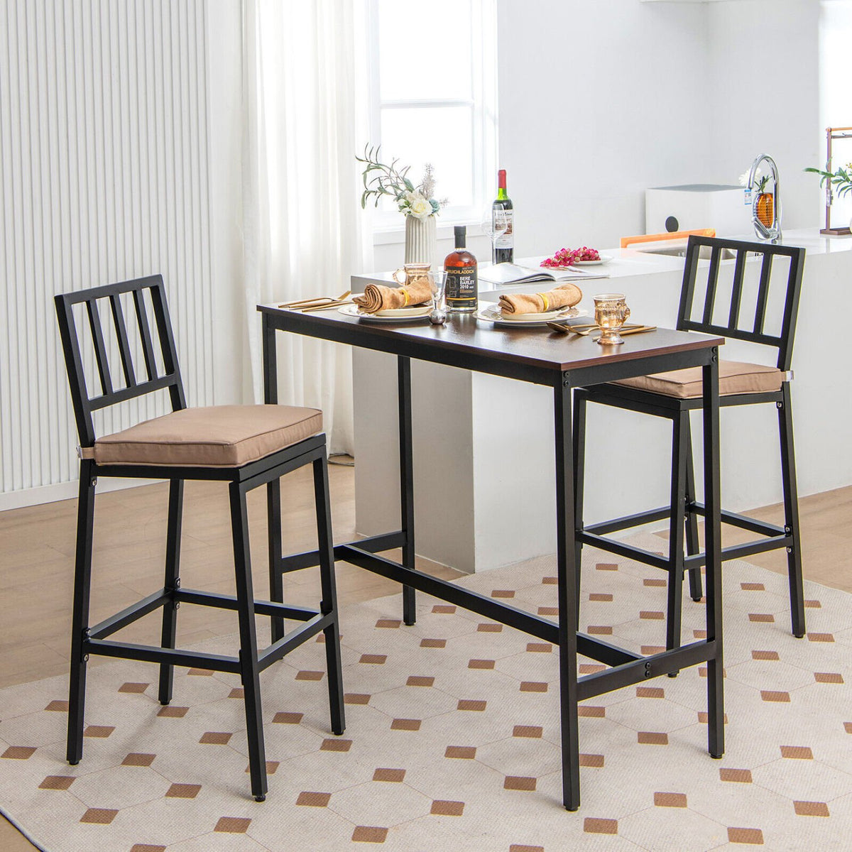 Set of 2 Patio Bar Chairs with Detachable Cushion and Footrest-Vertical Stripes view 3