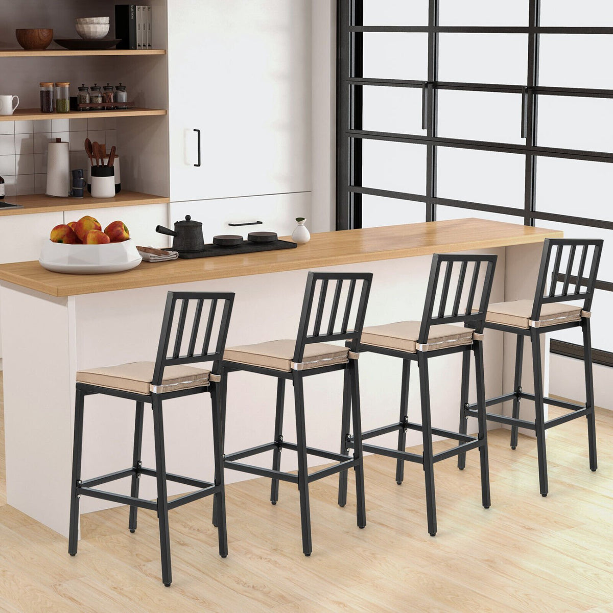 Set of 2 Patio Bar Chairs with Detachable Cushion and Footrest-Vertical Stripes view 6