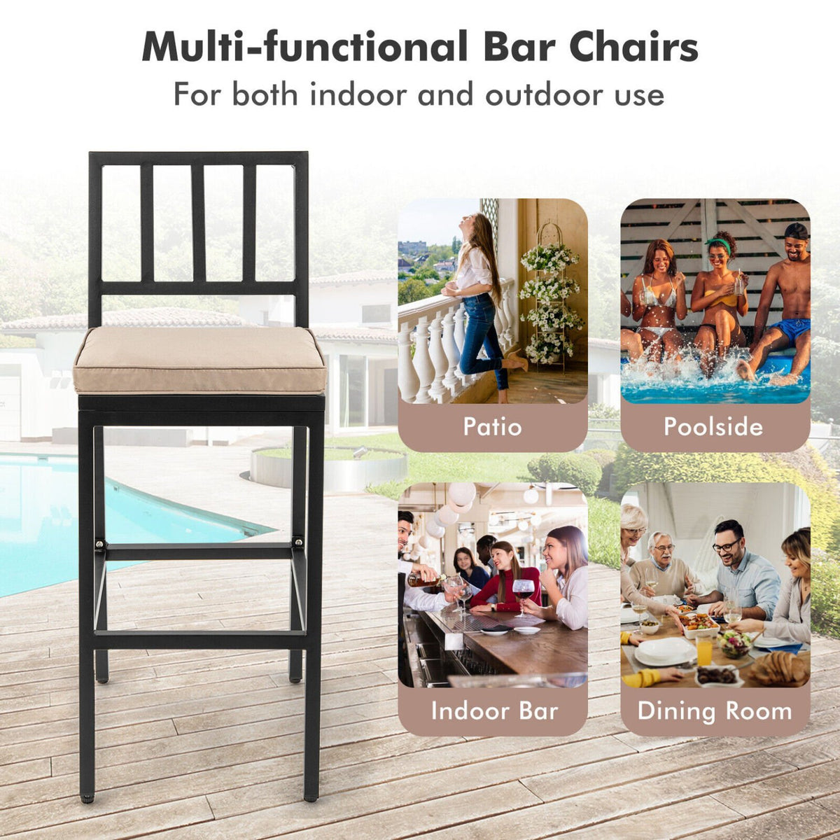 Set of 2 Patio Bar Chairs with Detachable Cushion and Footrest-Vertical Stripes view 7