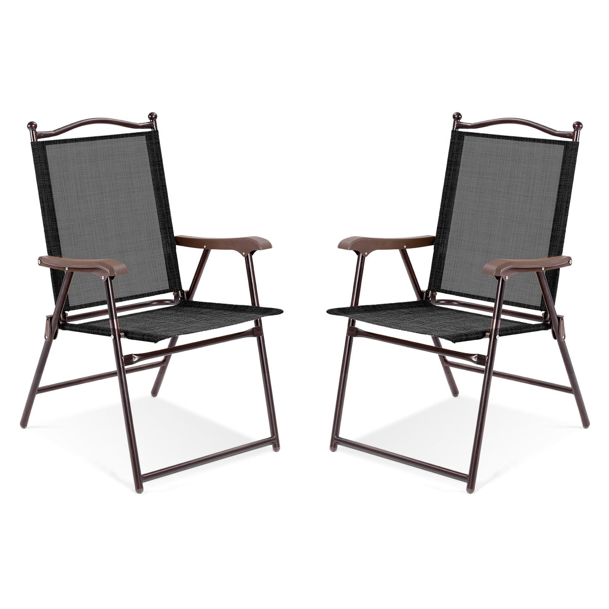 Set of 2 Patio Folding Sling Back Camping Deck Chairs-Black