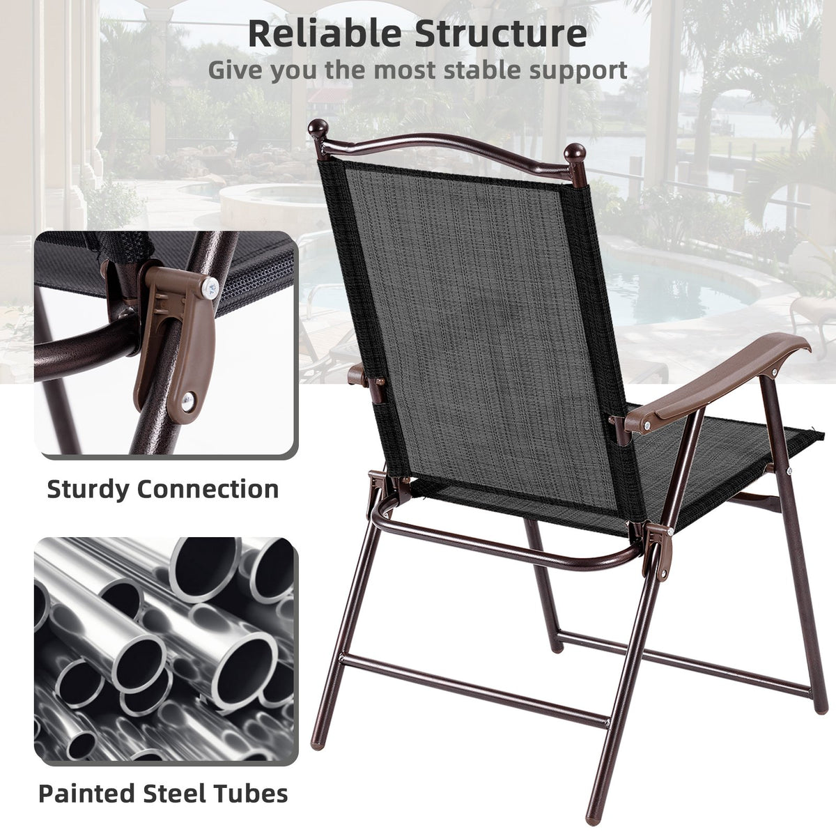 Set of 2 Patio Folding Sling Back Camping Deck Chairs-Black view 8