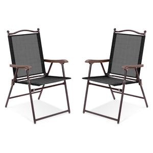 Set of 2 Patio Folding Sling Back Camping Deck Chairs-Coffee