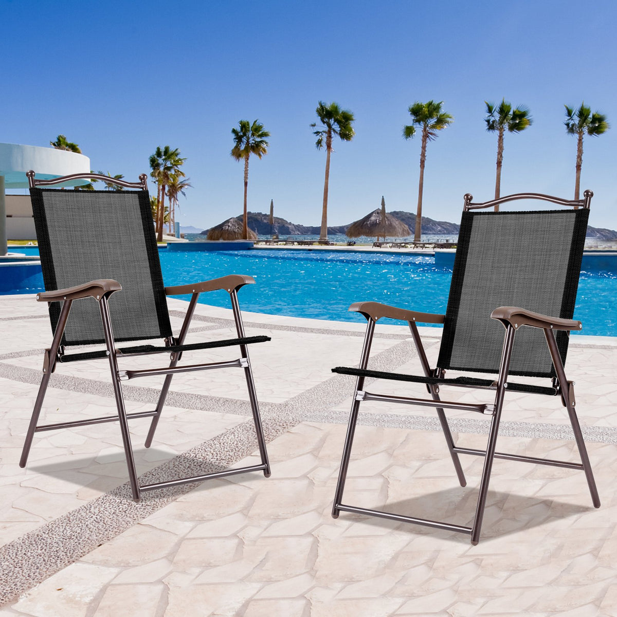 Set of 2 Patio Folding Sling Back Camping Deck Chairs-Coffee view 2