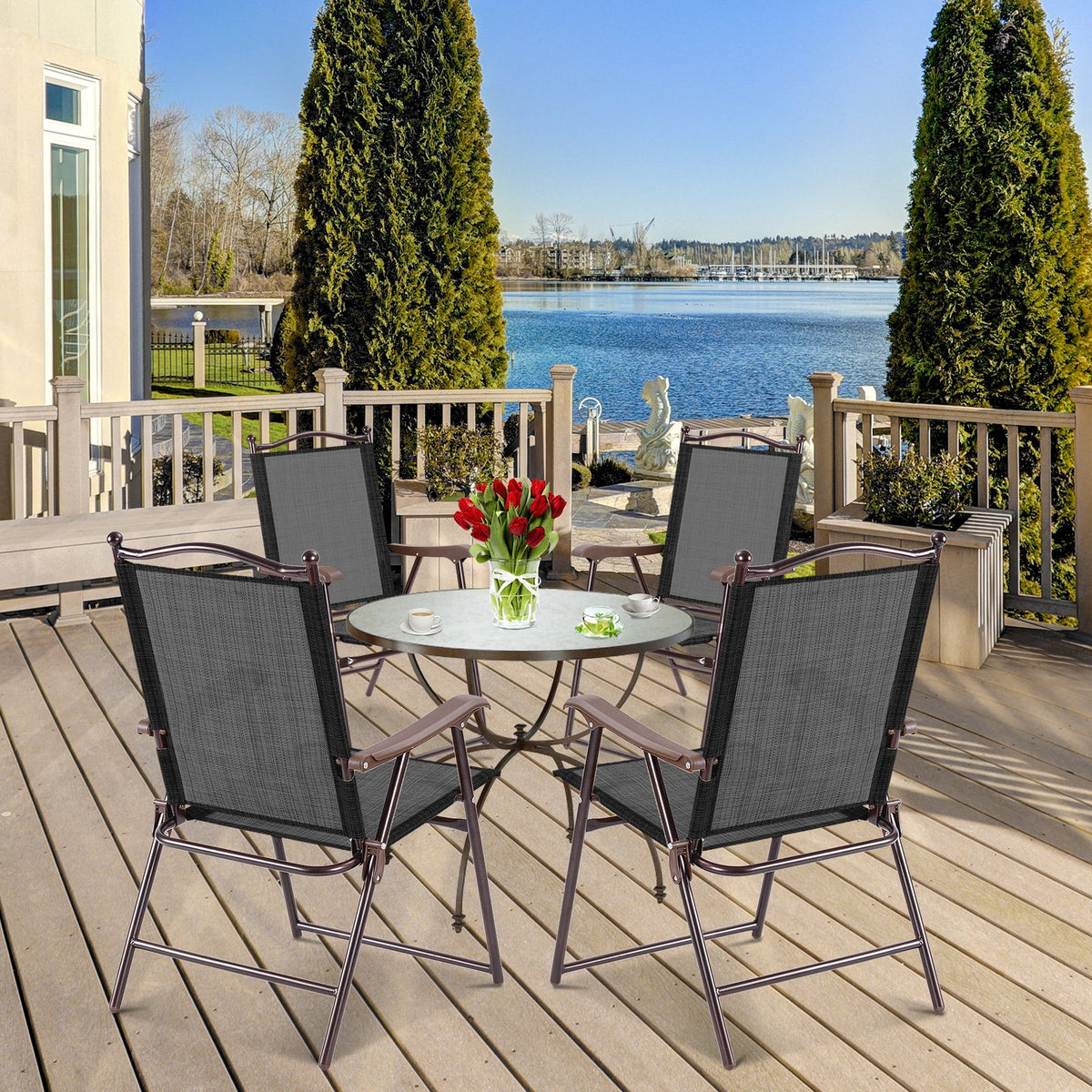 Set of 2 Patio Folding Sling Back Camping Deck Chairs-Coffee view 3