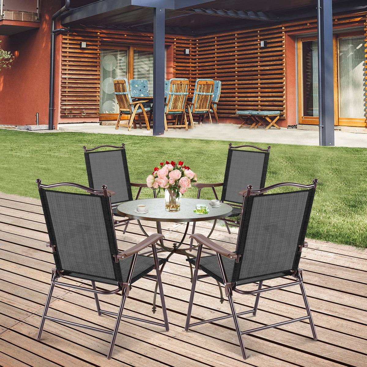 Set of 2 Patio Folding Sling Back Camping Deck Chairs-Coffee view 6