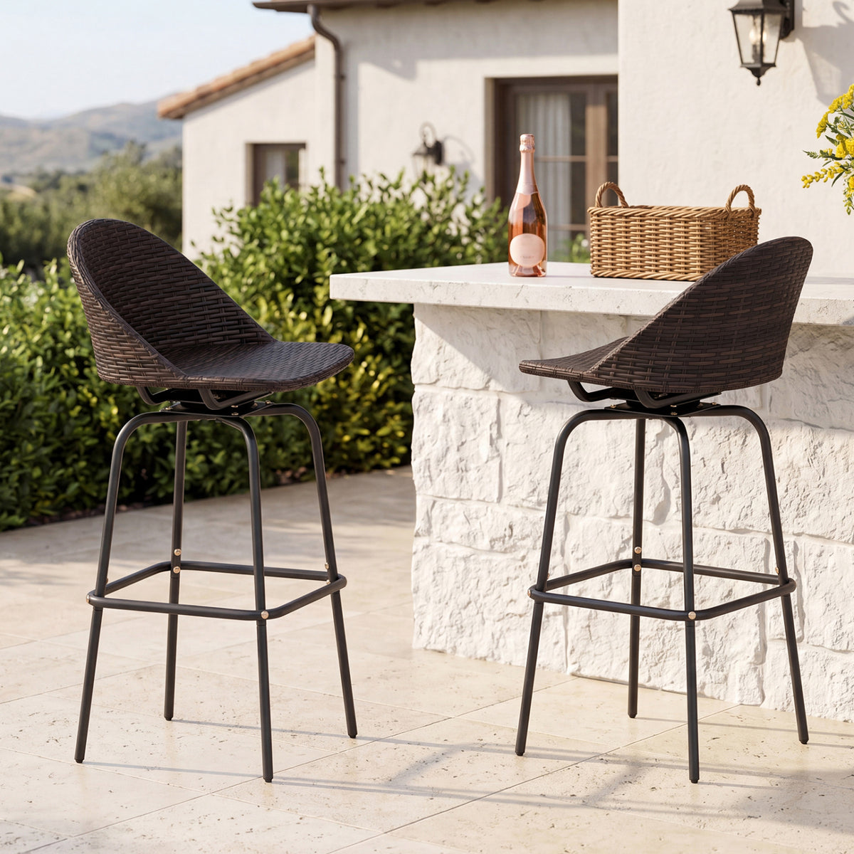 Set of 2 Patio Swivel Bar Stools with Rattan Seat 400 LBS for Garden-Brown view 2
