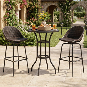 Set of 2 Patio Swivel Bar Stools with Rattan Seat 400 LBS for Garden-Brown view 3