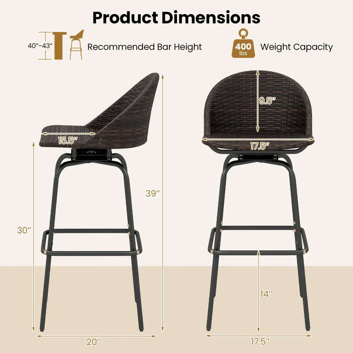 Set of 2 Patio Swivel Bar Stools with Rattan Seat 400 LBS for Garden-Brown view 4