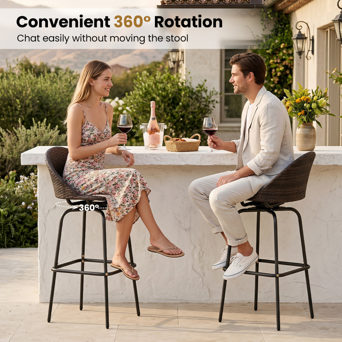 Set of 2 Patio Swivel Bar Stools with Rattan Seat 400 LBS for Garden-Brown view 5
