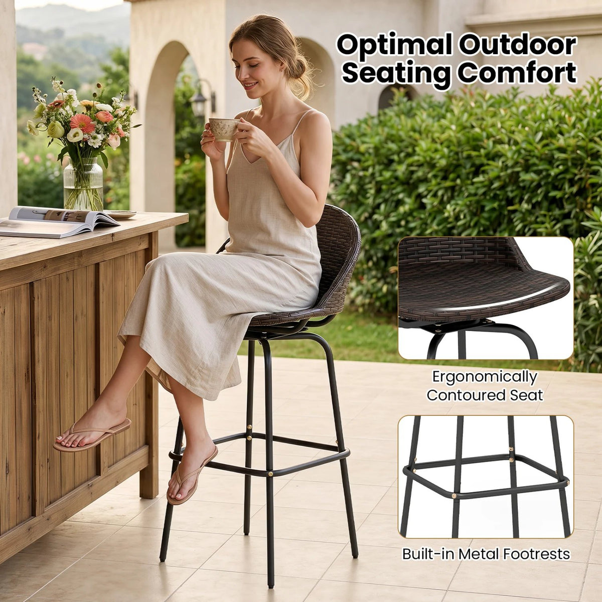 Set of 2 Patio Swivel Bar Stools with Rattan Seat 400 LBS for Garden-Brown view 7