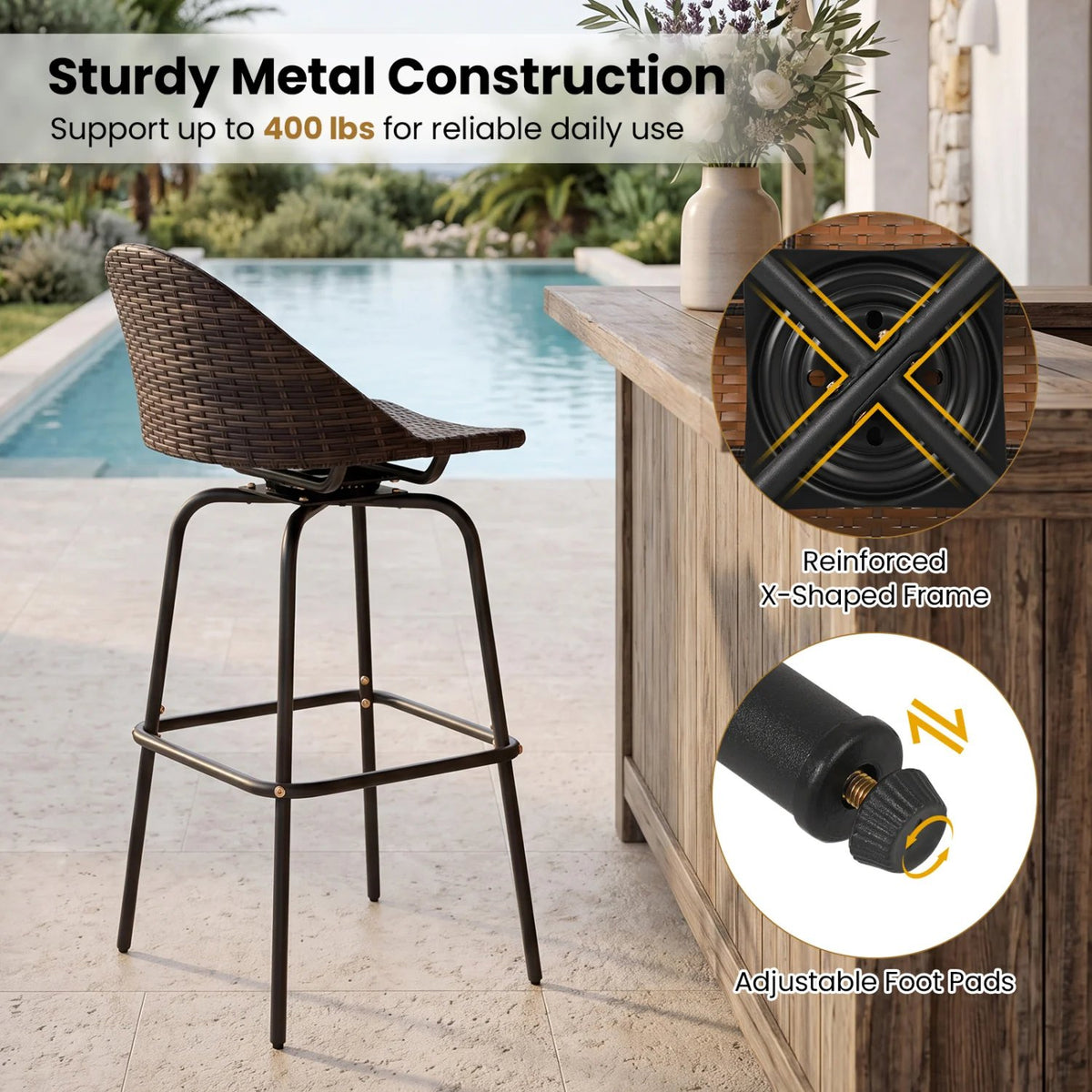 Set of 2 Patio Swivel Bar Stools with Rattan Seat 400 LBS for Garden-Brown view 8