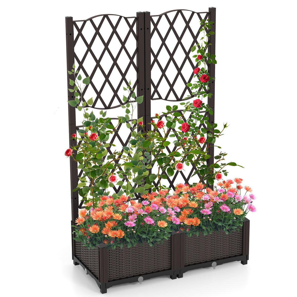 Set of 2 PE Rattan Raised Garden Bed with Trellis Planter Box for Climbing Plants-Rustic Brown view 2