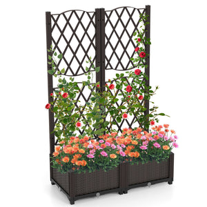 Set of 2 PE Rattan Raised Garden Bed with Trellis Planter Box for Climbing Plants-Rustic Brown view 2