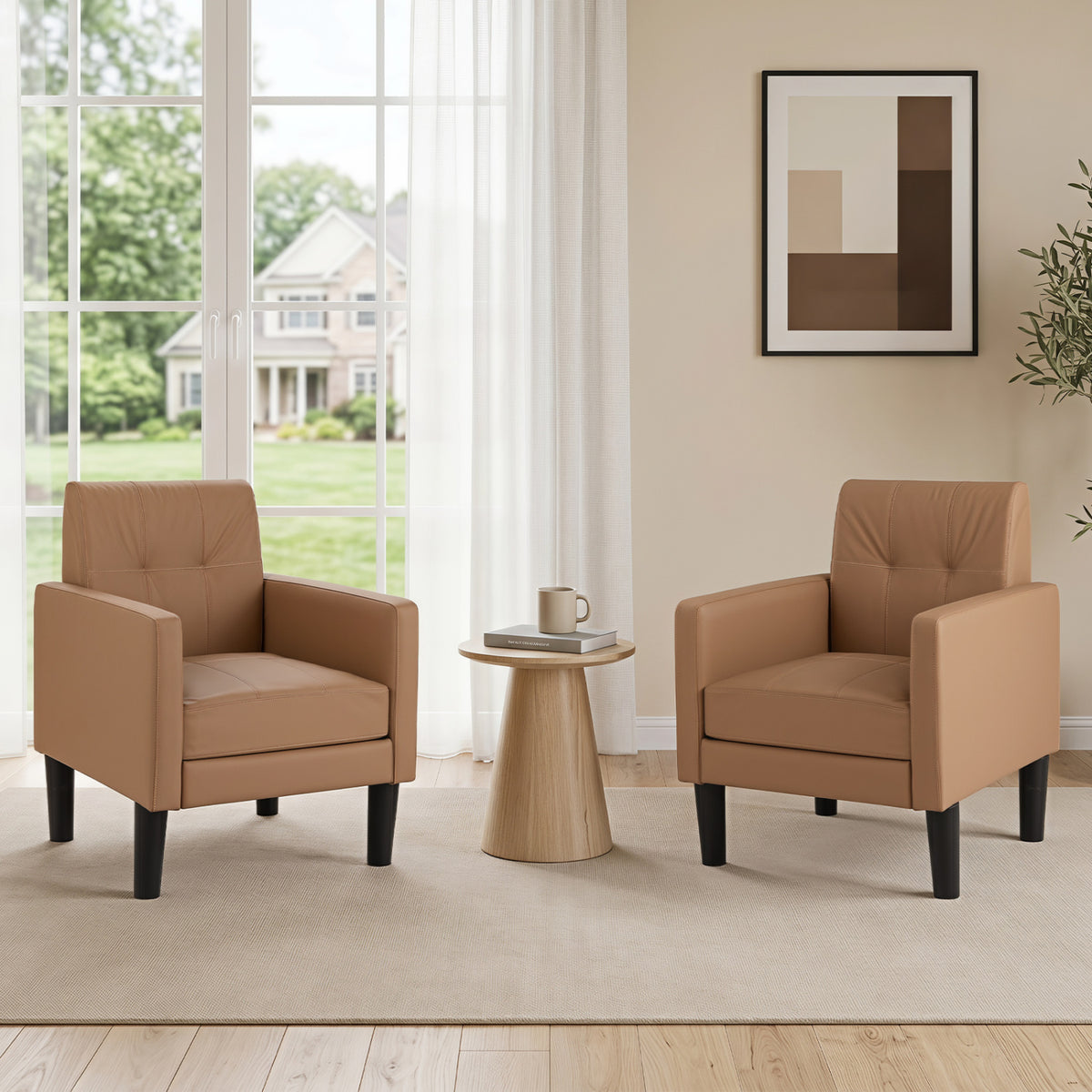 Set of 2 PU Leather Modern Accent Chair with Removable Seat Cushion-Brown view 2
