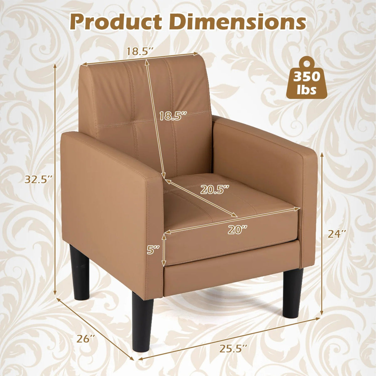 Set of 2 PU Leather Modern Accent Chair with Removable Seat Cushion-Brown view 3