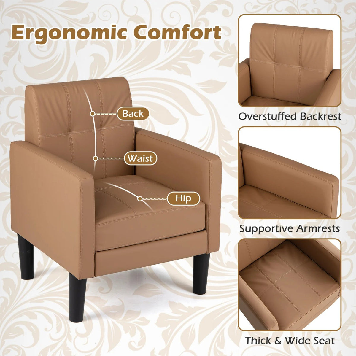 Set of 2 PU Leather Modern Accent Chair with Removable Seat Cushion-Brown view 4