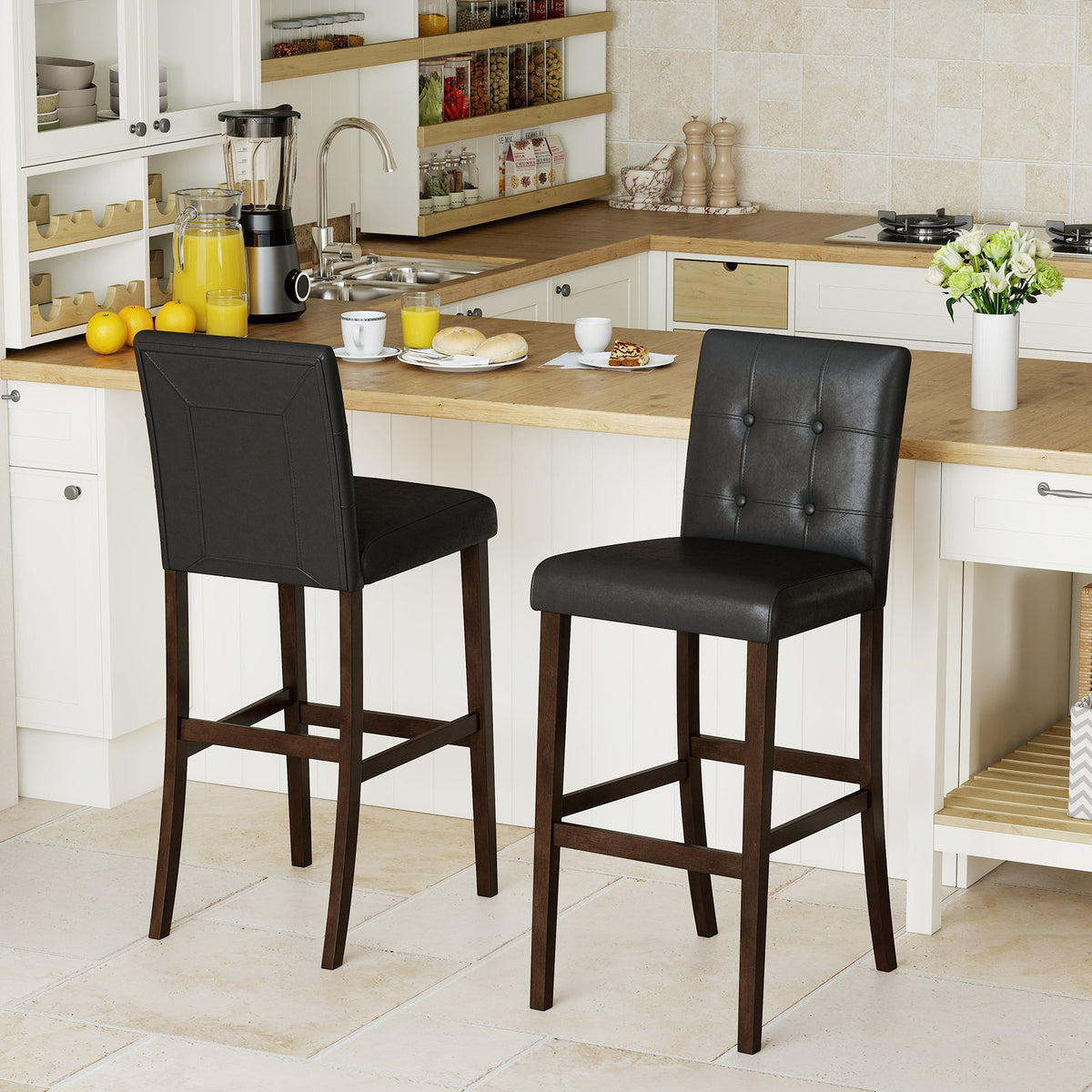 Set of 2 PVC Dining Leather Bar Stools with Solid Wood Legs-29 inches view 2
