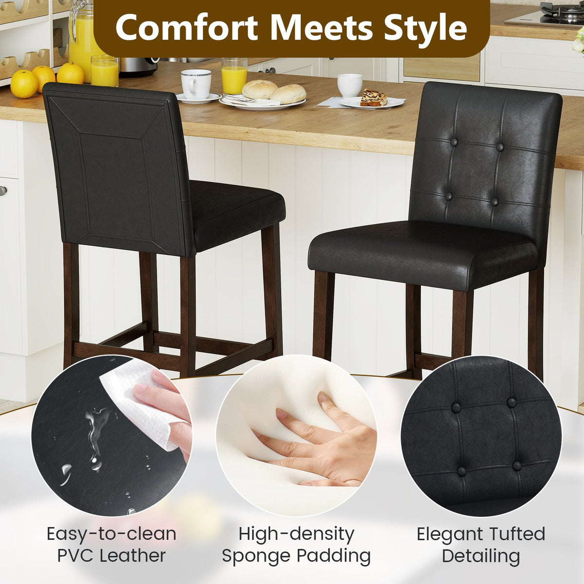 Set of 2 PVC Dining Leather Bar Stools with Solid Wood Legs-29 inches view 5
