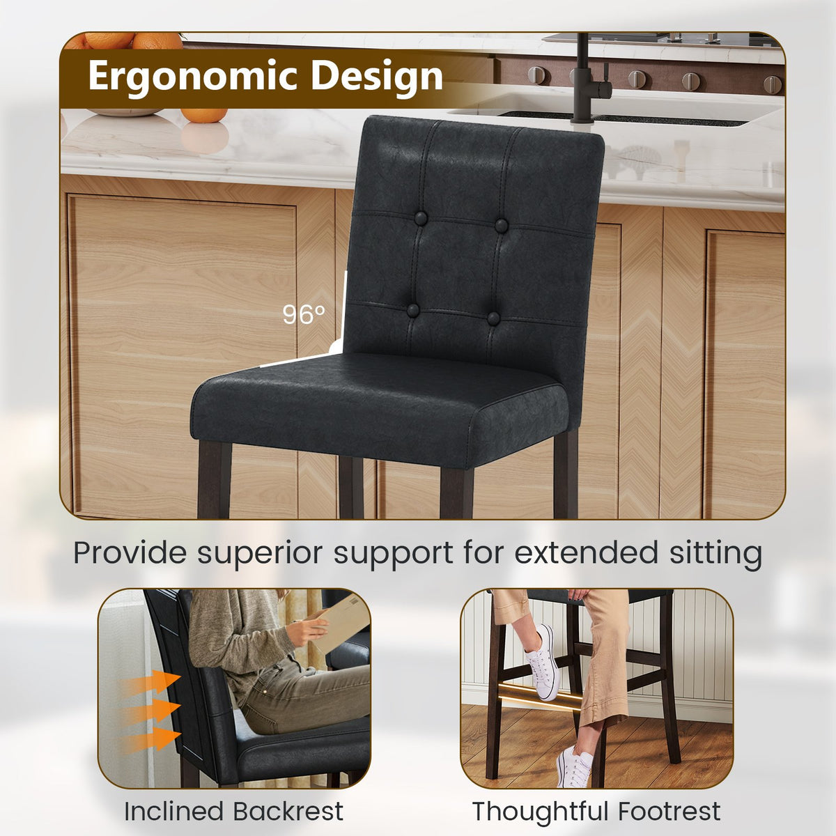 Set of 2 PVC Leather Bar Stools with Solid Wood Legs view 6