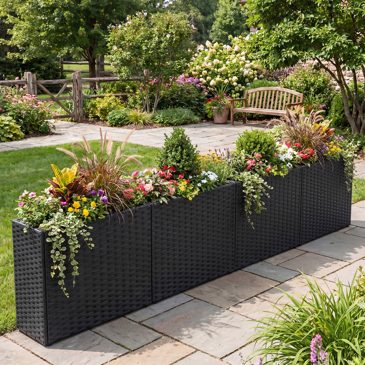 Set of 2 Raised Garden Bed All-Weather PE Rattan Wicker Flowerpot with Liner view 2