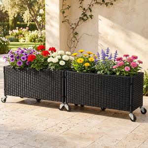 Set of 2 Raised Garden Bed PE Rattan Wicker Patio Planter Box with Liner and Wheels view 2