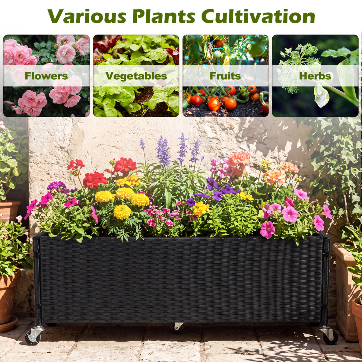 Set of 2 Raised Garden Bed PE Rattan Wicker Patio Planter Box with Liner and Wheels view 6