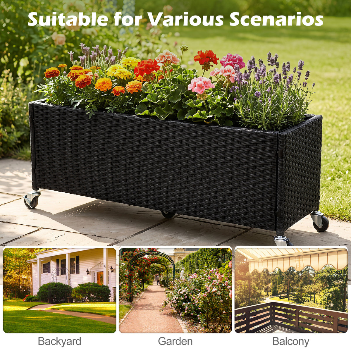 Set of 2 Raised Garden Bed PE Rattan Wicker Patio Planter Box with Liner and Wheels view 8