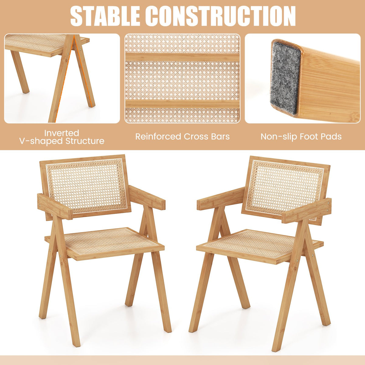 Set of 2 Rattan Accent Chairs with Natural Bamboo Frame-Natural view 7