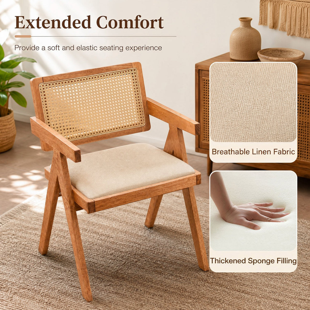 Set of 2 Rattan Accent Chairs with Padded Cushion and Rubber Wood Frame-Beige view 7