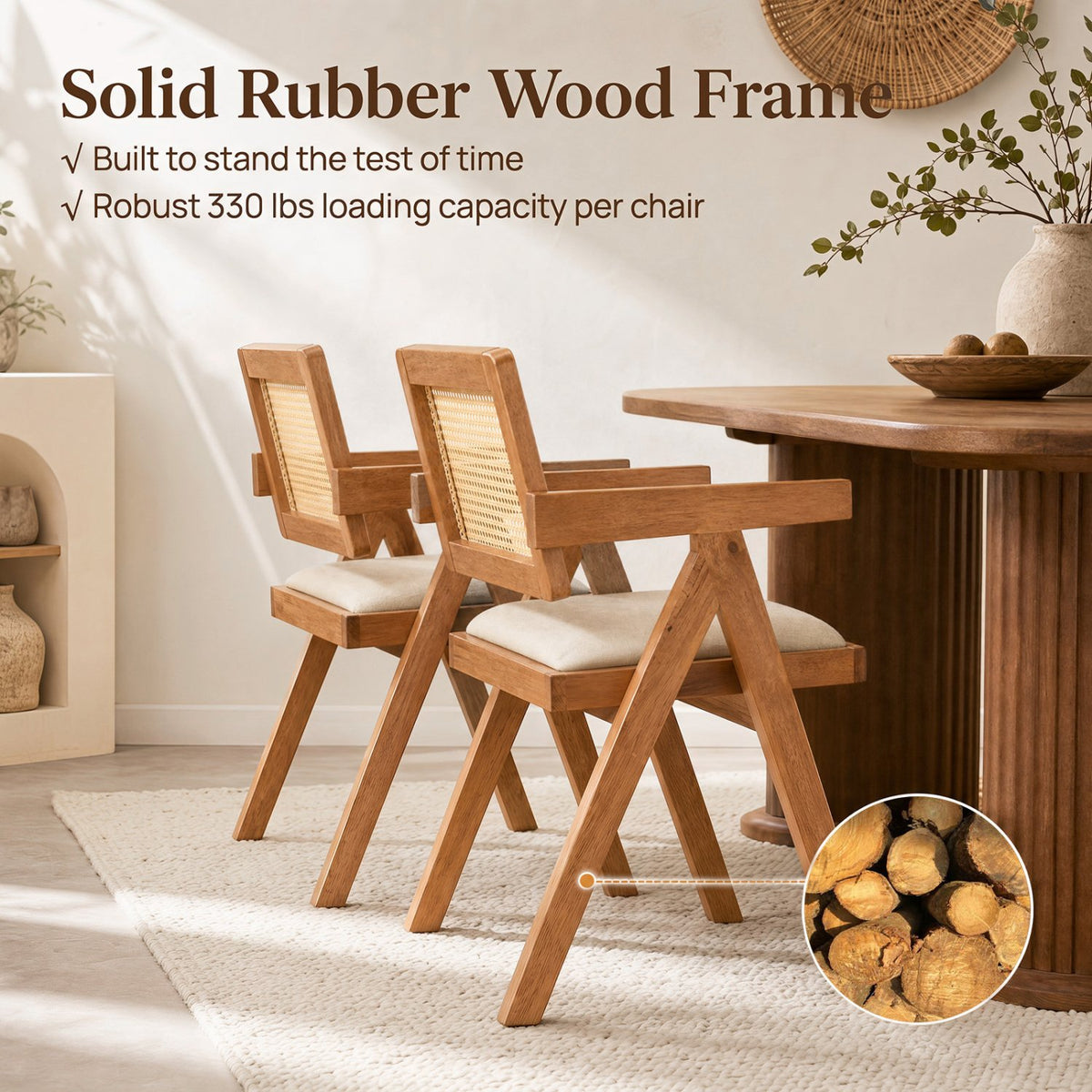 Set of 2 Rattan Accent Chairs with Padded Cushion and Rubber Wood Frame-Beige view 8