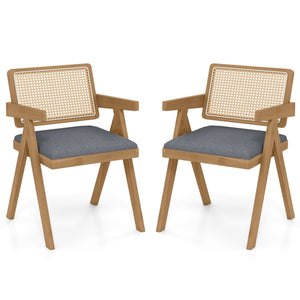 Set of 2 Rattan Accent Chairs with Padded Cushion and Rubber Wood Frame-Gray